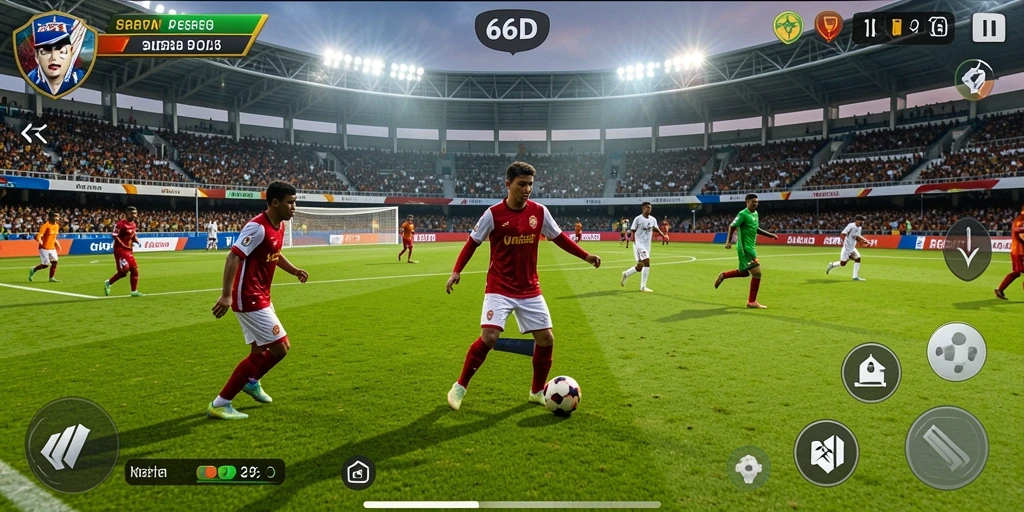Tampilan gameplay 66D dengan aksi seru di lapangan sepak bola.