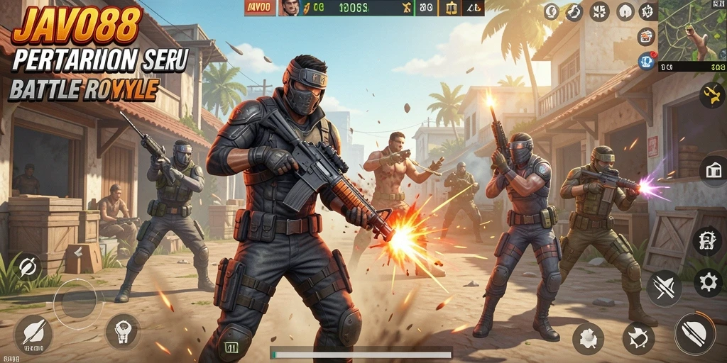 Screenshot utama <strong>JAVO88</strong> menampilkan aksi pertarungan yang mendebarkan di arena Battle Royale.