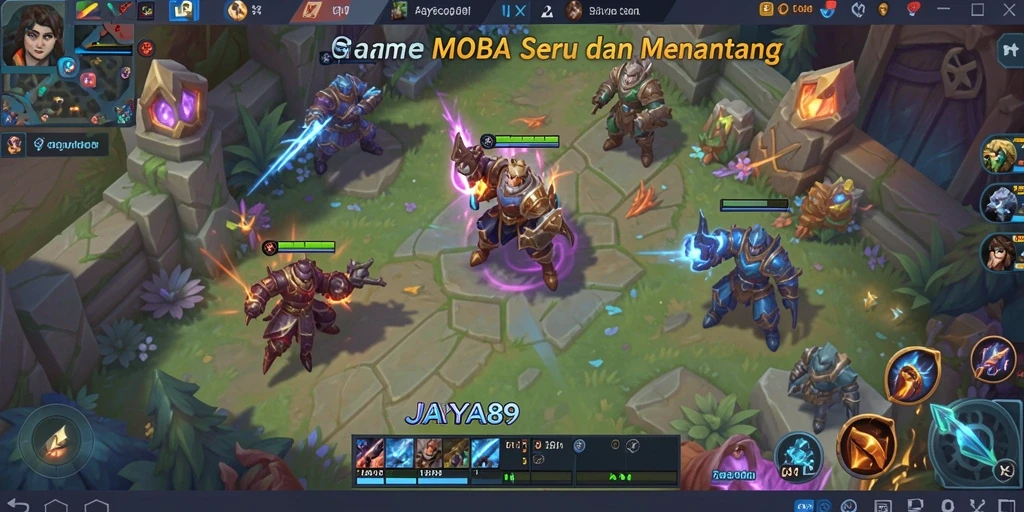 Screenshot utama JAYA89 menampilkan pertarungan seru para karakter MOBA.