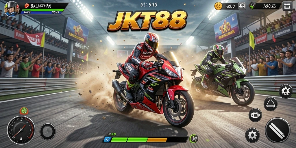 Screenshot JKT88 menunjukkan aksi balapan motor yang intens.
