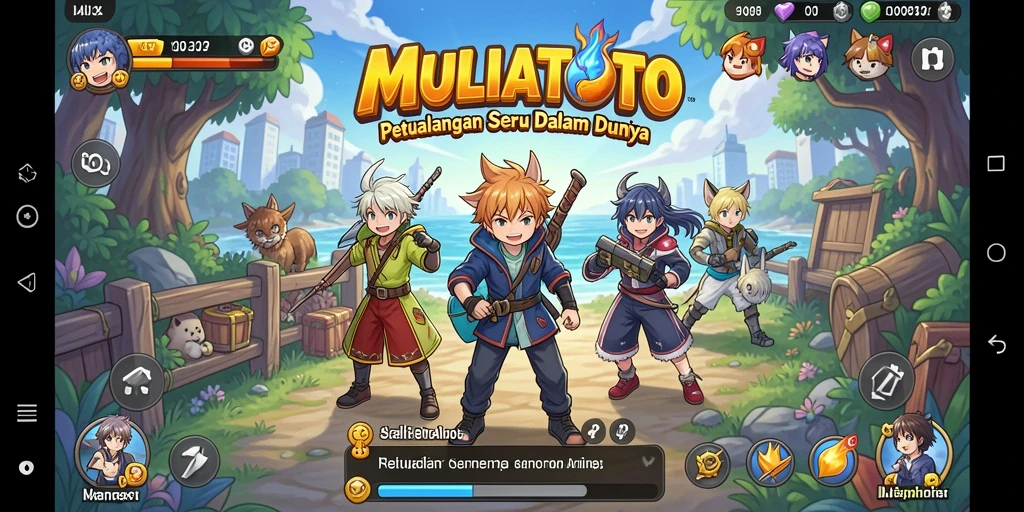 Tangkapan layar gameplay MULIATOTO menampilkan aksi seru dan karakter anime yang energik.