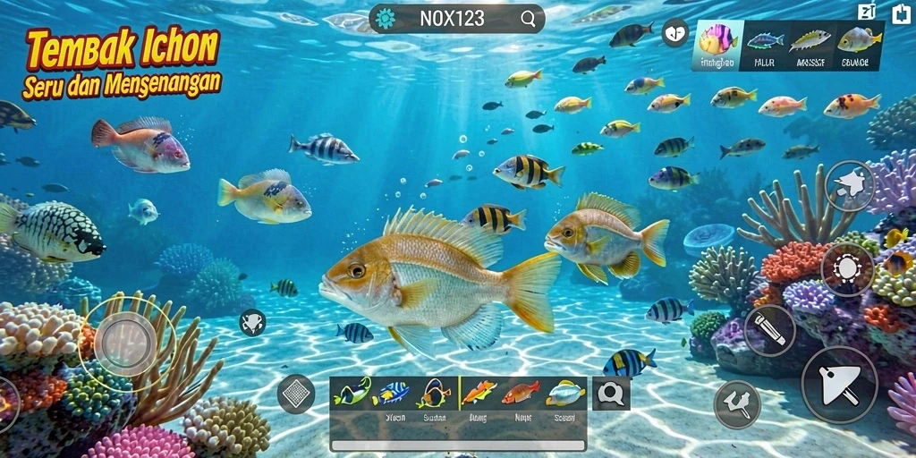 Tampilan gameplay NOX123 yang seru saat menembak ikan.