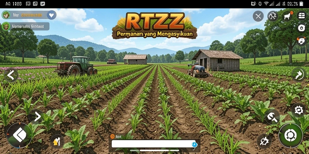 Screenshot gameplay RTZZ menunjukkan aktivitas pertanian yang menarik.
