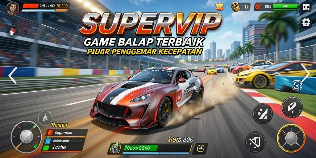 Screenshot gameplay SUPERVIP menampilkan aksi balapan yang mendebarkan.